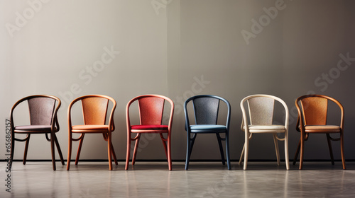 Row of trendy chairs in a row on grey wall background, interior trend design concept