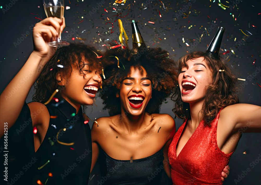 Obraz premium Happy beautiful young women at New Year's party, studio shot