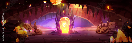 Cave with gemstone crystals in rocky walls and magical portal to another world or game level. Cartoon vector illustration of dungeon scene with glowing jewels and mystical doors. Dark fantastic grotto