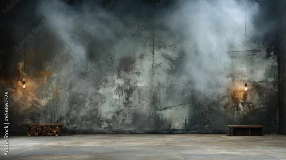 Texture of concrete floor and dark wall with fog with table and lamp Texture of concrete floor and dark wall with fog with table and lamp