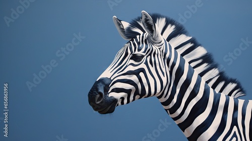  a close up of a zebra's head against a blue sky. generative ai