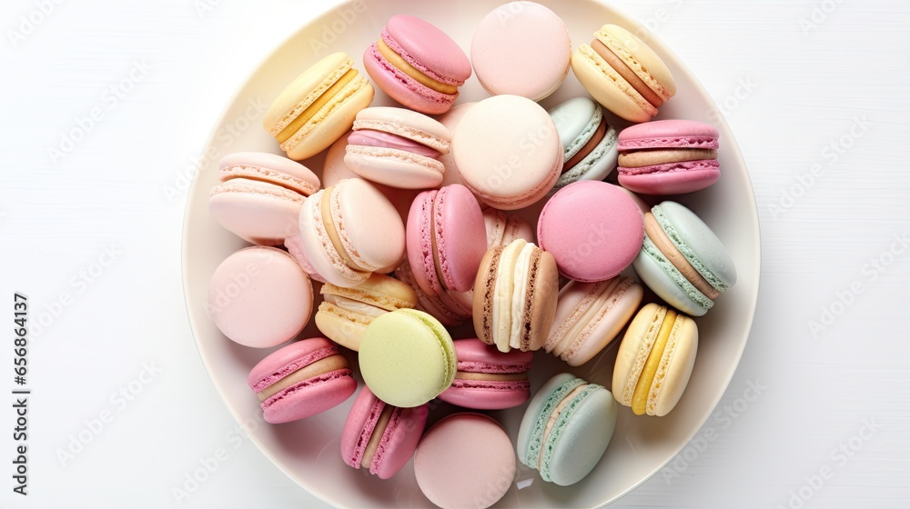 Fototapeta premium a bowl of macaroons on a white table top. generative ai