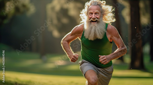 Crazy and funny elderly man with a gray beard and long hair jogging