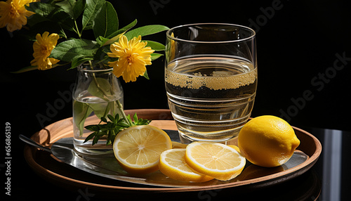 Water with lemon in clear glass. Refreshing still life. Healthy eating concept