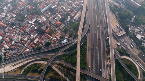 Top down view ot toll way with LRT train rail in Jakarta, Indonesia photo