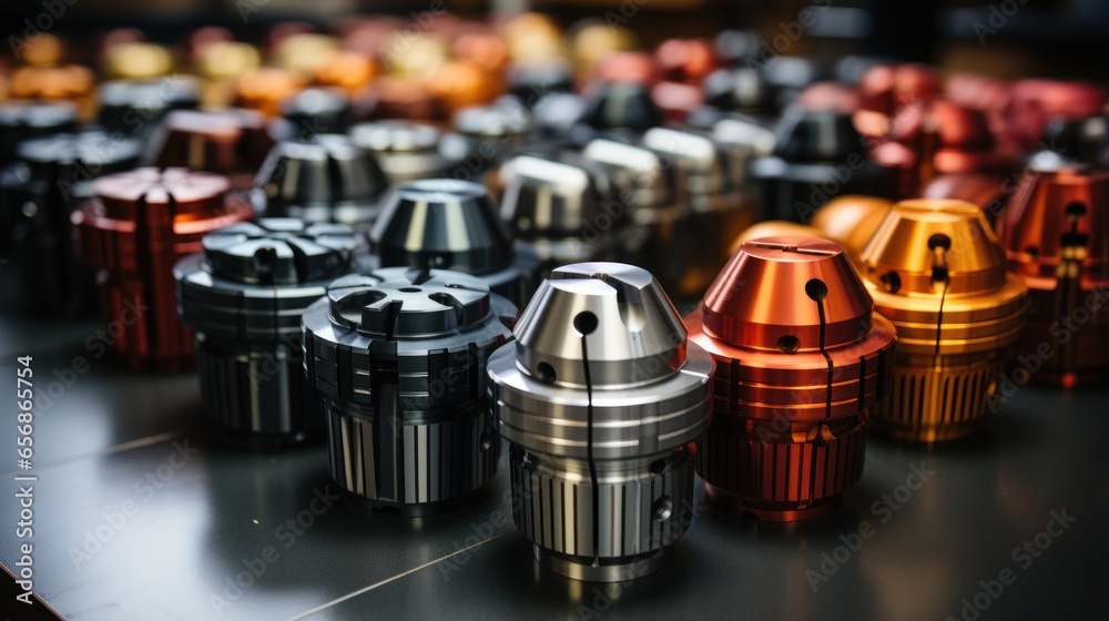 Various types and sizes of steel collet chucks cnc machining or automatic milling machines - obrazy, fototapety, plakaty 