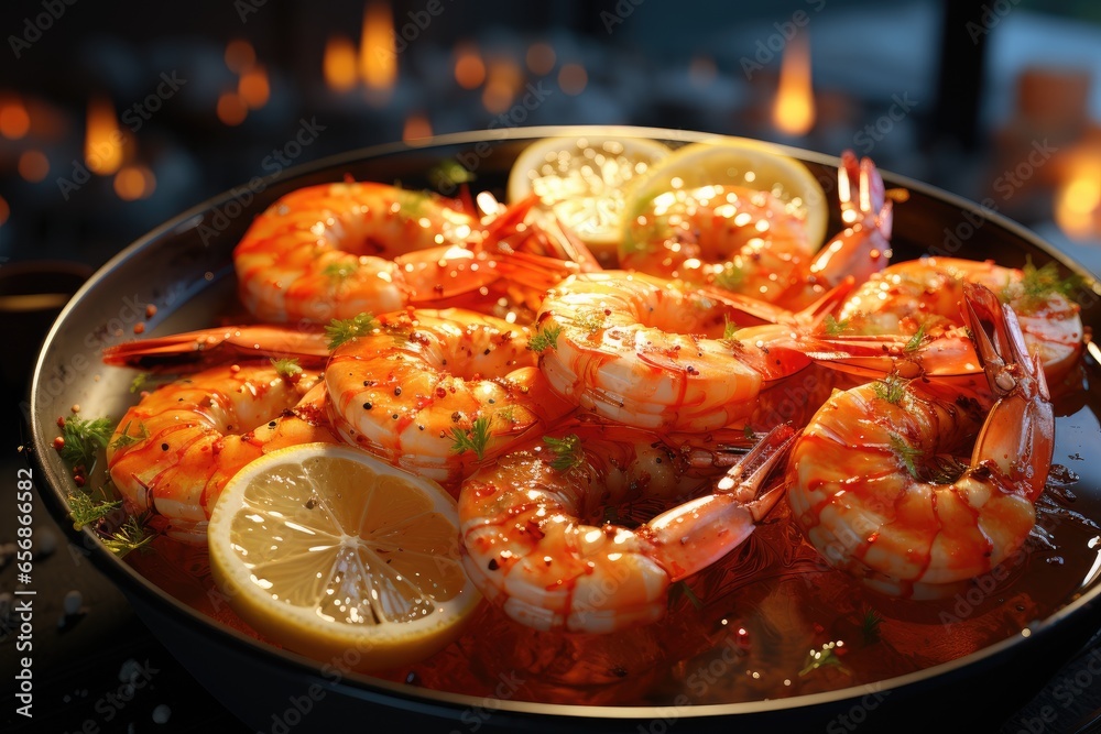 A chef cooking shrimp in a restaurant kitchen.Generated with AI A chef cooking shrimp in a restaurant kitchen.Generated with AI