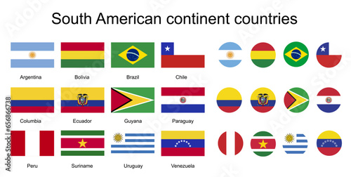 South American continent countries flags isolated on transparent background. rectangular and round icons. vector file