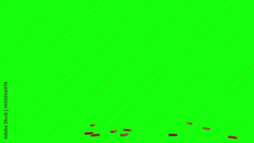 Bulk of bricks sliding in from left side of the screen and scattering on imaginary flat surface, green screen background, animation overlay video for chroma key blending option. Bricks thrown away. Bulk of bricks sliding in from left side of the screen and scattering on imaginary flat surface, green screen background, animation overlay video for chroma key blending option. Bricks thrown away.
