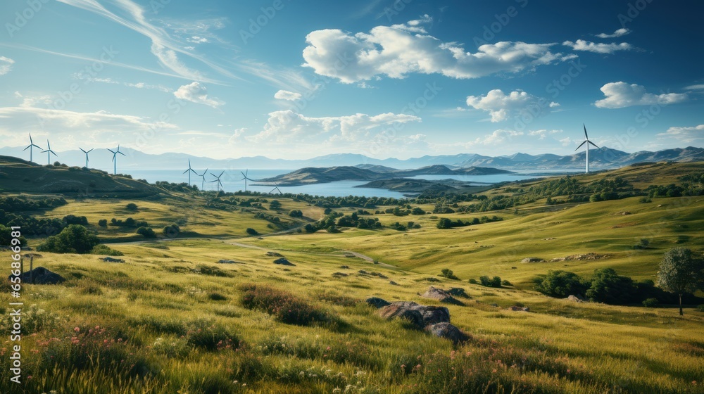 Fototapeta premium Wind turbine on a sunny morning with stunning views of the sea and green fields