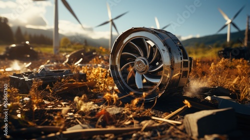 A broken wind turbine that has fallen on the ground photo