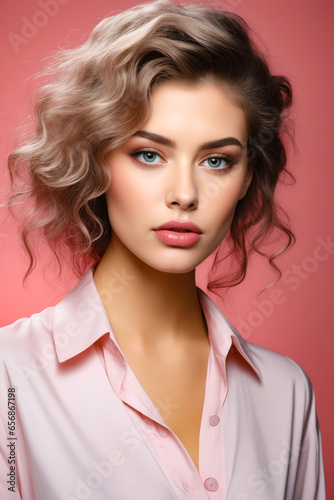 Woman with blonde hair and blue eyes wearing pink shirt.
