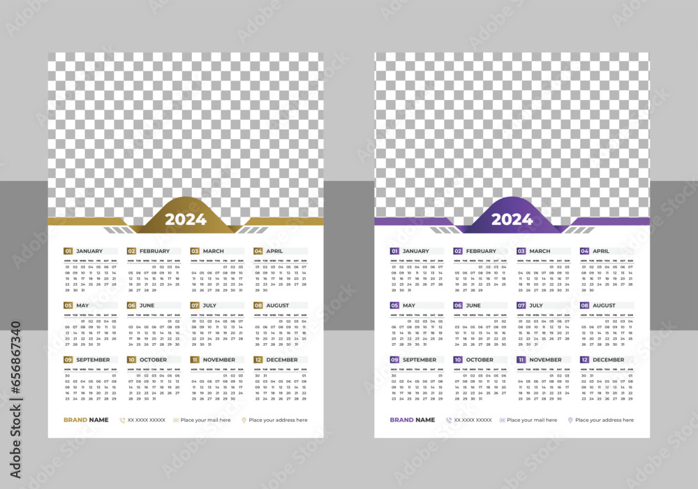 Calendar 2024 design template layout, 2024 Calendar design vector Stock