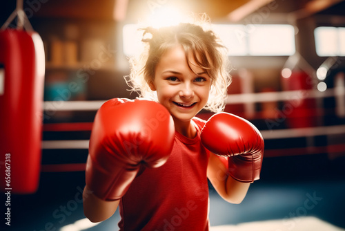 Young girl wearing red boxing gloves in boxing ring. © valentyn640