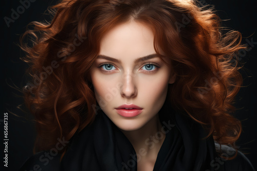 Woman with red hair and blue eyes is posing for picture.