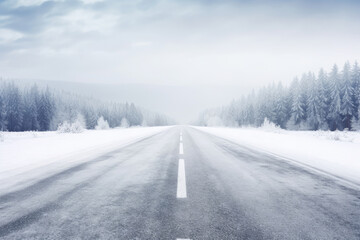 Straight road covered with snow and ice at winter