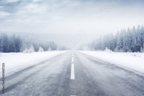 Straight road covered with snow and ice at winter