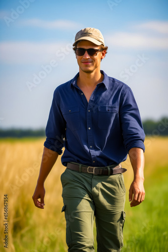 Man in blue shirt and hat walking through field.