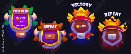 Win and lose ui game interface score board button. Victory screen frame cartoon design with horn or crown. Gui user element set for bonus label or defeat result. Wooden mobile casino menu bar