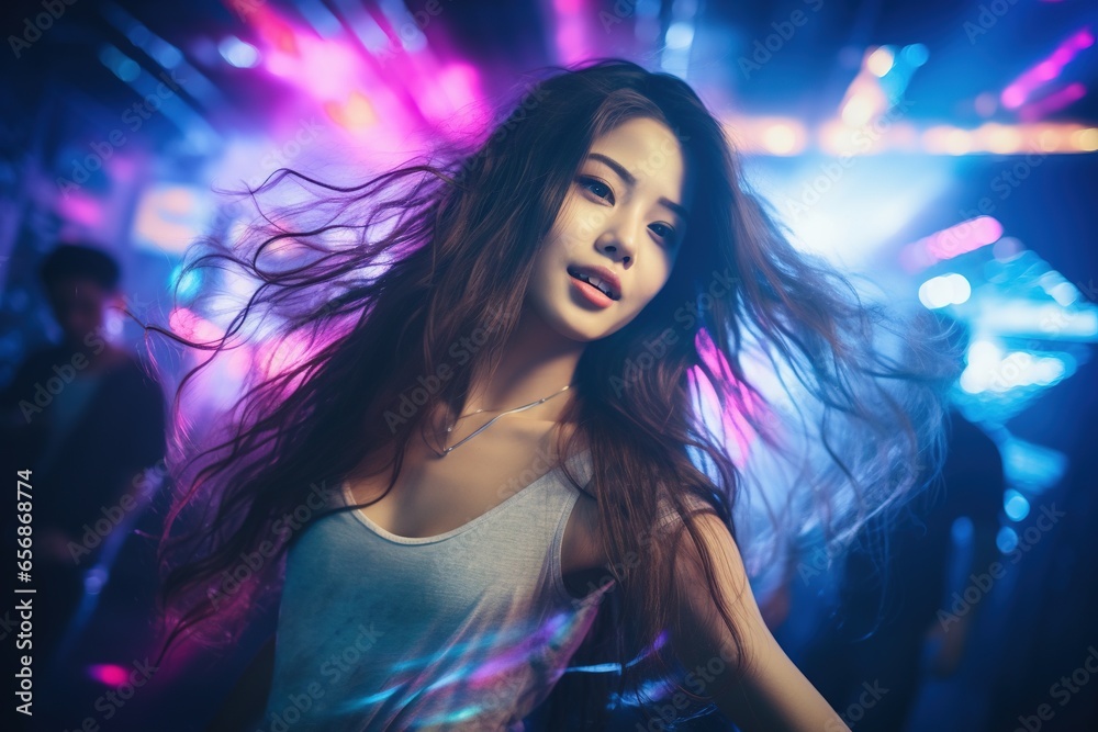 Naklejka premium Portrait of a beautiful young asian woman with long hair in night club
