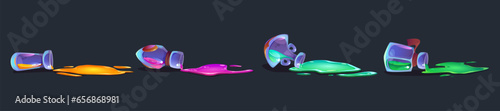 Fallen glass tubes with spilled colored potions. Overturned bottles of witch or wizard glow magic elixir. Cartoon vector flask with puddle of spilt neon fantasy medicine or chemistry laboratory liquid photo