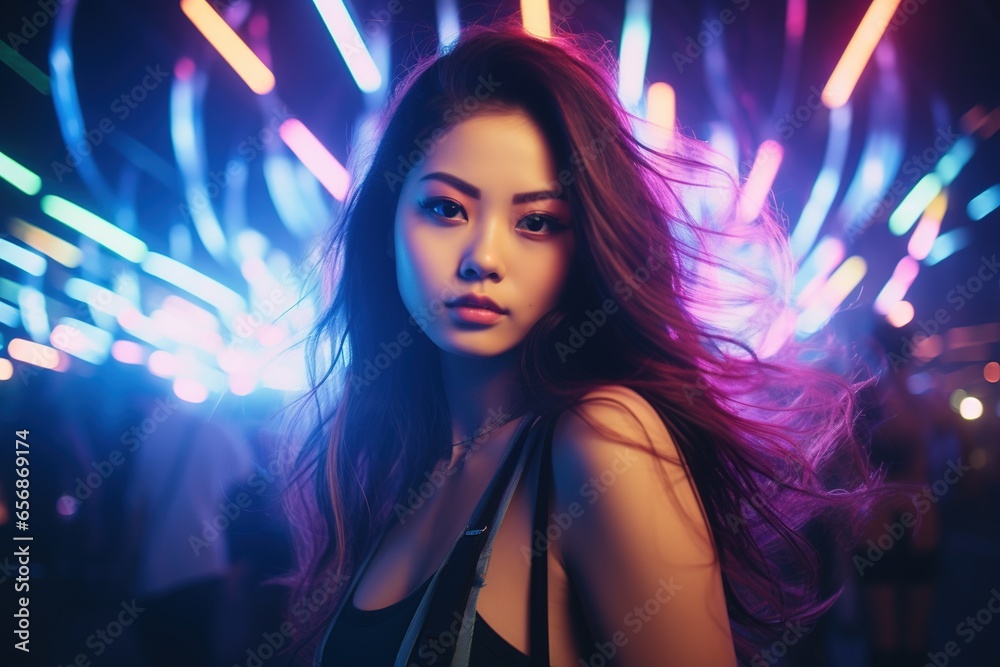 Portrait of a beautiful young asian woman with long hair in night club Portrait of a beautiful young asian woman with long hair in night club
