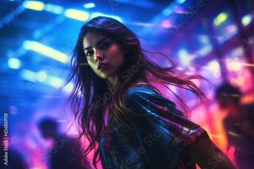 Portrait of a beautiful young asian woman with long hair in night club