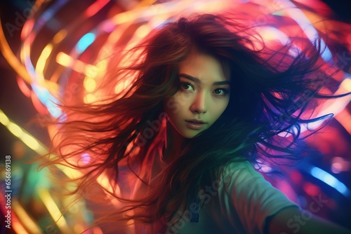 Portrait of a beautiful young asian woman with long hair in night club