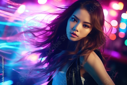 Portrait of a beautiful young asian woman with long hair in night club