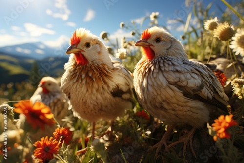 chickens exploring the farm, roaming freely in a grassy field,Generated with AI