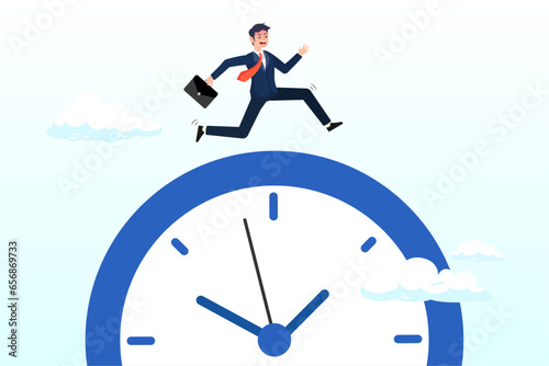 Hurry businessman run fast on time run out clock, time run out, deadline or hurry to go to the office late, urgency or determination to finish work fast, stressed or anxiety to complete work (Vector)