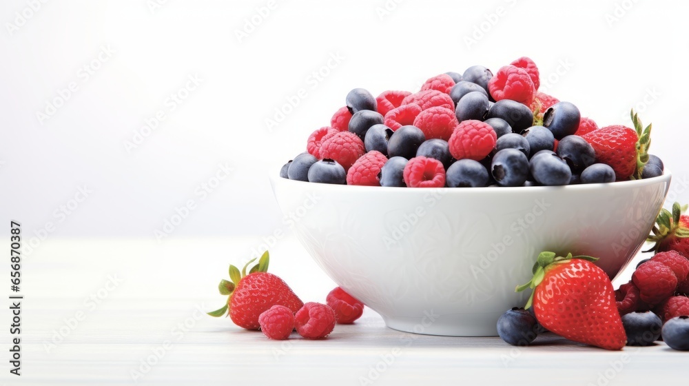 A bowl of mixed berries strawberries, blueberries, and raspberries bursting with freshness. A bowl of mixed berries strawberries, blueberries, and raspberries bursting with freshness.