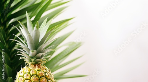 A ripe, golden pineapple standing tall among tropical leaves. on white background