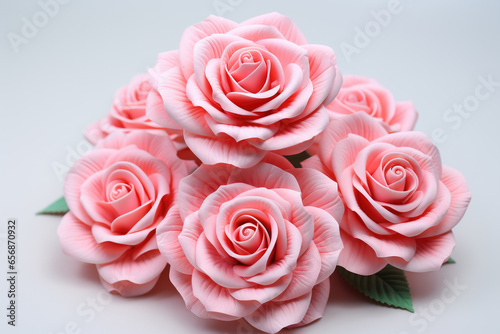 Beautiful arrangement of pink roses sitting on top of table. Perfect for adding touch of elegance to any setting.