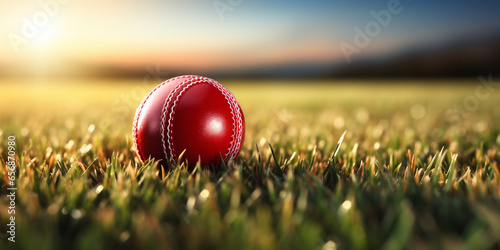 Cricket red ball with green grass close up view 3d Rendering