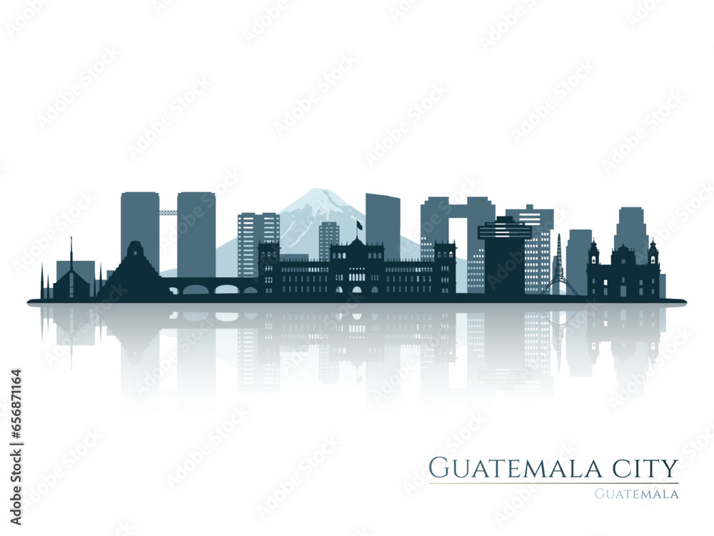 Guatemala City skyline silhouette with reflection. Landscape Guatemala City. Vector illustration.