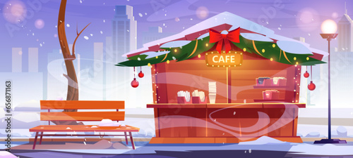 Street cafe in city public park with Christmas decorations. Cartoon winter xmas holiday landscape of snowy town garden with bench, lantern and kiosk with snacks on background of multistory buildings.