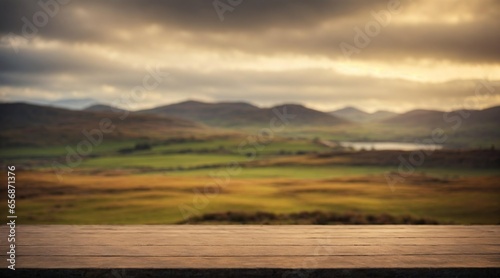 Empty, wooden table in a beautiful Scottish Highlands landscape with flat, empty Rocksurface for product presentation. Generative AI.