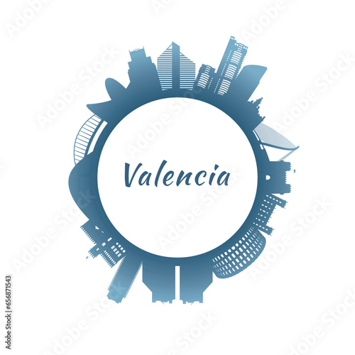 Valencia skyline with colorful buildings. Circular style. Stock vector illustration.