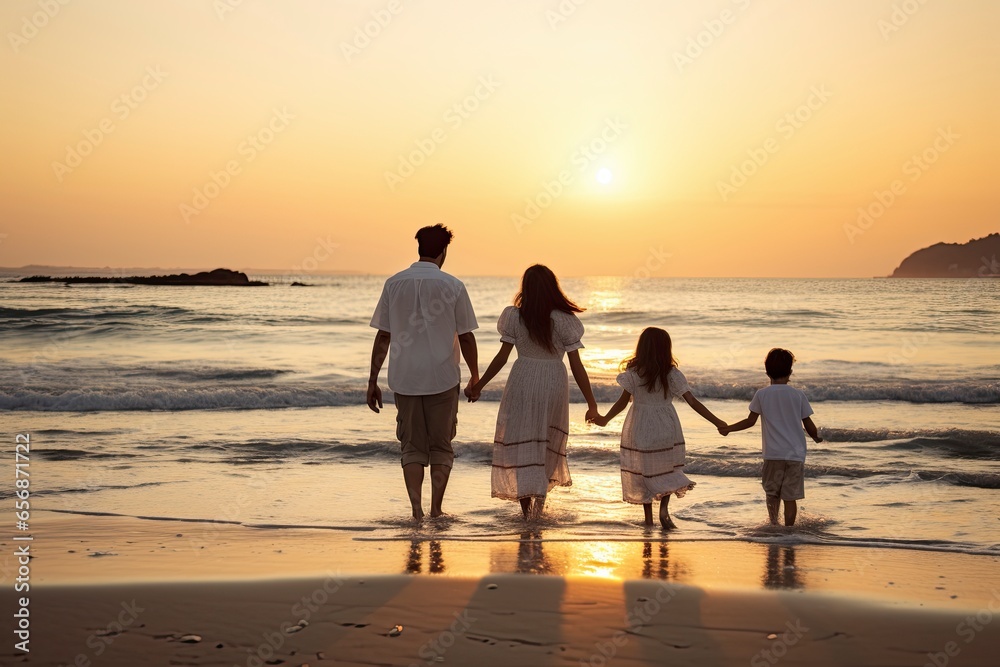 Family silhouette in the sunset on beach vacation