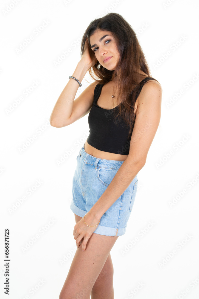 beautiful cute slim smiling happy cute young woman brunette hand on hairs over white background beautiful cute slim smiling happy cute young woman brunette hand on hairs over white background