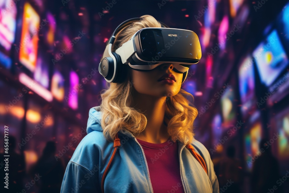 The young woman is using virtual reality viewer. Modern woman portrait with trendy look and bright purple colors. The young woman is using virtual reality viewer. Modern woman portrait with trendy look and bright purple colors.