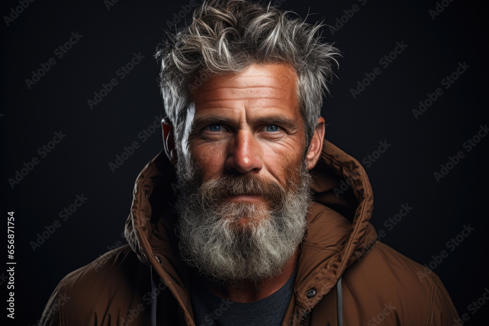 Obraz premium Picture of man with beard wearing brown jacket. This image can be used to depict stylish and rugged individual or to illustrate concepts such as fashion, masculinity, or outdoor activities.