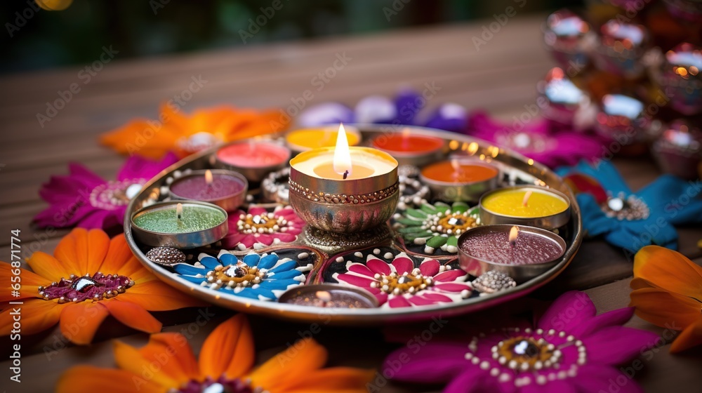 Beautiful diwali diya lamps lit on colorful rangoli