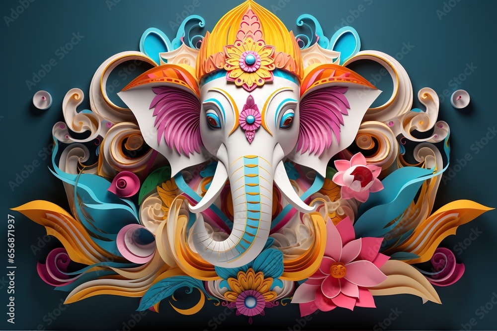 Ganesha with colorful floral ornament on blue background. Vector illustration.