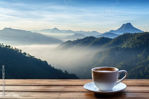 Mountain morning. Espresso coffee. Sunrise sip. Enjoying in nature. Cafe at dawn with mountain view. Wooden table serenity