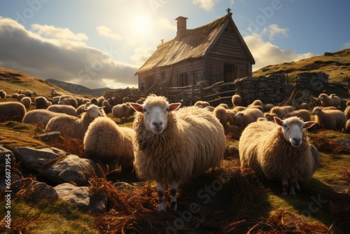 Farmers raise sheep with great joy, in farms, shear sheep to sell in market, farm scene with happy sheep