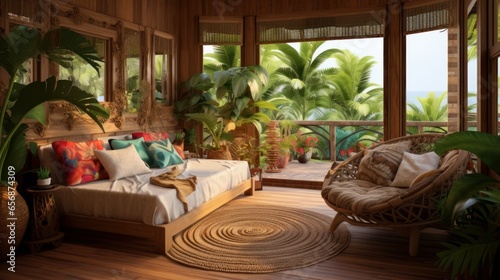 Interior of a cozy room in the style of a tropical bungalow