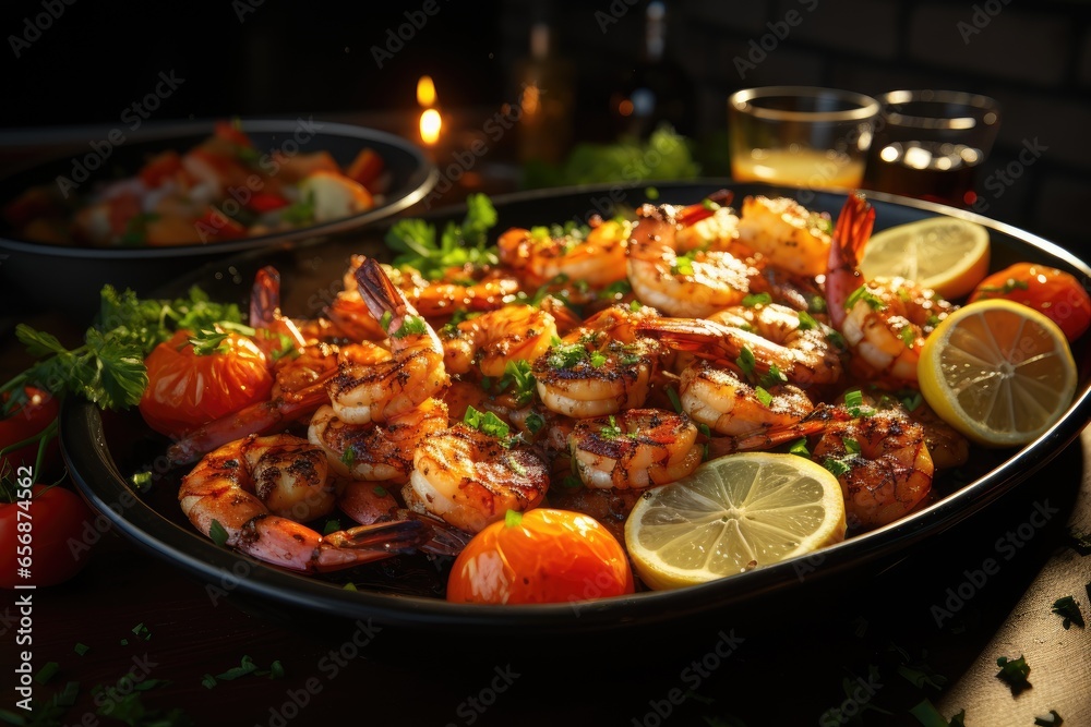A chef cooking shrimp in a restaurant kitchen.Generated with AI A chef cooking shrimp in a restaurant kitchen.Generated with AI