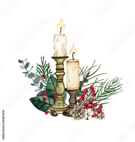Watercolor Christmas candle and bouquet of pine cones, fir branches isolated on white background. Winter holiday xmas celebration illustration